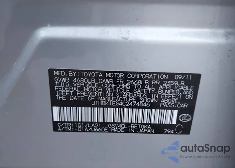 2012 Lexus Es 350 from USA, damaged, VIN JTHBK1EG4C2474846